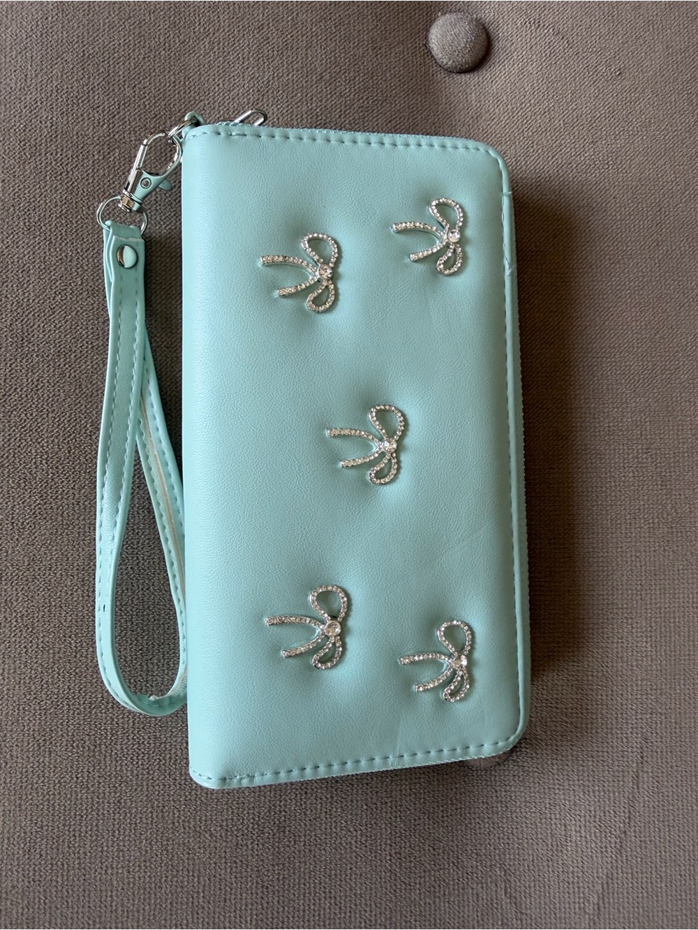 Claire's Light Blue Wristlet Card Holder with Crystal Bow Accents